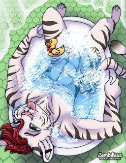 anthro bath bathtub bubble convenient_censorship male rubber_duck soap solo text zombikiss felid mammal pantherine tiger url