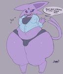 anthro black_nose bra breasts bulge clothed clothing collarbone cute_fangs fangs forehead_gem fur gem glistening glistening_eyes grey_background gynomorph huge_thighs intersex long_tail nipple_outline open_mouth open_smile purple_body purple_ears purple_eyes purple_fur purple_inner_ear purple_tail red_gem simple_background slightly_chubby smile solo tail teeth text thick_thighs underwear wide_hips tuggg nintendo pokemon eeveelution espeon generation_2_pokemon pokemon_(species) 2025 artist_name english_text signature