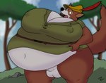 animal_genitalia anthro balls belly belly_expansion belly_peeking_out big_belly big_butt big_moobs black_nose bottomless bottomless_anthro bottomless_male brown_body brown_fur butt bycocket clothed clothing countershading expansion exposed_belly fur genitals green_clothing green_shirt green_topwear green_tunic hat hat_feather headgear headwear loose_feather male moobs nipple_outline obese open_mouth outside overweight pink_tongue plant sheath shirt sky solo standing thick_thighs tongue topwear tree tunic white_balls wide_eyed yellow_clothing yellow_hat yellow_headwear cleverfoxman disney robin_hood_(disney) robin_hood canid canine fox mammal red_fox true_fox 2020