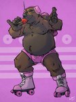 anthro backpack belly bottomwear brown_body bulge clothing eating electronics food headphones male moobs nipples overweight overweight_male popsicle quad_skates roller_skates shorts solo k-9 bear mammal 2022 hi_res