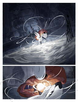anthro biped black_body black_eyes carrying_another cloak clothing detailed_background dialogue duo empty_eyes eyes_closed female female_anthro female_humanoid gash holding_another hornet's_needle mouthless narrowed_eyes orb red_cloak red_clothing silk spa speech_bubble talking_to_another text unconscious water white_body white_eyes wounded darkdog hollow_knight:_silksong hollow_knight_(franchise) team_cherry hornet_(hollow_knight) lace_(hollow_knight:_silksong) arthropod humanoid 2025 absurd_res comic digital_drawing_(artwork) digital_media_(artwork) english_text hi_res