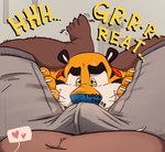 anthro bear bearafterall blue_nose bottomwear brown_body bulge clothed clothing crotch_sniffing duo english_text erection erection_under_clothing felid frosted_flakes heart_symbol hi_res kellogg's male male/male mammal mascot musk onomatopoeia orange_body pantherine pants slightly_chubby sniffing sound_effects text tiger tony_the_tiger white_body yellow_sclera