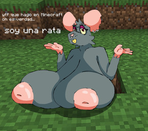anthro big_breasts breasts buckteeth dialogue ear_piercing ear_ring facial_piercing female fur gesture grey_body grey_fur nipples nose_piercing piercing purple_eyes ring_piercing shrug solo teeth text unknown_artist microsoft minecraft mojang xbox_game_studios mammal murid murine rat rodent hi_res spanish_text translated