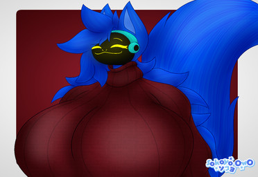 anthro big_breasts blue_body blue_fur blue_hair breasts claws clothed clothing cybernetics eyes_closed female fur hair huge_breasts hyper hyper_breasts long_tail machine protogen_visor red_clothing red_sweater red_topwear smile solo sweater tail topwear turtleneck yellow_eyes sokoyo_owo starry_(sokoyo_owo) canid canine cyborg mammal protogen