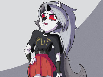 anthro bottomwear breasts cellphone clothing collar ear_piercing ear_ring electronics fangs female fur gloves grey_body grey_fur grey_hair hair handwear looking_aside notched_ear open_mouth phone piercing red_sclera ring_piercing skirt solo spiked_collar spikes teeth topwear white_body white_eyes white_fur doylecoati hellaverse helluva_boss mythology loona_(helluva_boss) canid canid_demon canine demon hellhound mammal mythological_canine mythological_creature 2021 4:3 digital_media_(artwork)