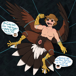 animal_genitalia anthro avian_feet bdsm beak bondage bound brown_body brown_eyes brown_feathers brown_hair brown_sclera cloaca cloacal_penis dark_eyes dark_sclera dialogue empty_eyes fangs fangs_bared feathers feet freckled_arms freckled_chest freckled_face freckles genitals grey_beak group hair intersex magic magic_bondage male male/male maleherm muscular muscular_intersex muscular_maleherm offscreen_character open_mouth penis questionable_consent small_penis speech_bubble spread_wings suspension suspension_bondage tail tail_feathers talon_hands talons teeth toes toothed_beak trapped trio unusual_beak wings randompasserbyer hermitcraft cubfan135 goodtimeswithscar grian accipitrid accipitriform animal_humanoid avian avian_humanoid bird harris's_hawk humanoid 1:1 hi_res
