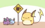 16:10 2017 :3 ambiguous_gender feral generation_1_pokemon group mammal nidoran nidoran♀ nidoran♂ nintendo pokemon pokemon_(species) raichu rairai-no26-chu rodent sign simple_background standing widescreen