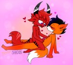 anthro cowgirl_position duo from_front_position fur heart_symbol horn male male/male masturbation on_bottom on_top orange_body orange_fur purple_eyes red_body red_fur sex abrioxyx shado3 felix_(abrioxyx) shadow_(shado3) canid canine fox mammal