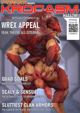 4_balls anthro anus armor balls big_penis biped butt erection genitals hand_on_butt hand_on_own_butt male multi_balls multi_genitalia muscular muscular_anthro muscular_male penis presenting presenting_anus presenting_hindquarters qr_code red_body red_eyes solo spread_anus spread_butt spreading tan_body text vein veiny_penis laser_(artist) bioware electronic_arts mass_effect urdnot_wrex alien krogan 2026 cover digital_media_(artwork) english_text hi_res magazine_cover