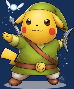 ambiguous_gender anthro boomerang clothing cosplay crossover_cosplay duo fingers footwear ry-spirit nintendo ocarina_of_time pokemon the_legend_of_zelda wind_waker link navi toon_link alien alien_humanoid fairy generation_1_pokemon humanoid pikachu pokemon_(species) 2018 alpha_channel crossover