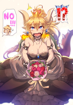 alternate_species armband ball_gown big_breasts blonde_hair bodily_fluids bouquet bracelet breasts cleavage clothed clothing collar crossgender crown dress duo eyebrow_through_hair eyebrows female fire flower hair headgear horn humanoidized interrobang jewelry mtf_crossgender open_mouth plant sharp_teeth shell solo_focus speech_bubble spiked_armband spiked_bracelet spiked_collar spikes super_crown tears teeth text thick_eyebrows translucent translucent_hair wedding_dress tomoyohi bowsette_meme mario_bros nintendo bowser princess_peach animal_humanoid human humanoid koopa mammal scalie 2018 english_text meme