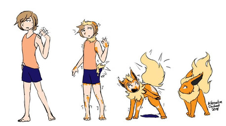 all_fours bottomwear brown_hair clothed clothing discarded_clothing ear_growth feral fur fur_growth gesture growth hair hand_on_hip heat_(temperature) light_body light_skin male mane nude orange_body orange_fur overheated shirt shrinking simple_background size_transformation solo sound_effects species_transformation standing tail tail_growth tail_growth_in_pants tan_body tan_fur tank_top topwear torn_bottomwear torn_clothing transformation transformation_sequence waving white_background alternativeclockwork nintendo pokemon eeveelution flareon generation_1_pokemon human mammal pokemon_(species) 2018 dated signature