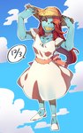 blue_body blue_skin clothing dress female footwear grin hair hair_over_eye hat headgear headwear one_eye_obstructed red_hair shoes smile solo standing sun_hat sundress teeth white_clothing white_footwear white_shoes yellow_teeth pugthe2ro undertale undertale_(series) undyne animal_humanoid fish fish_humanoid humanoid marine marine_humanoid 5:8 hi_res