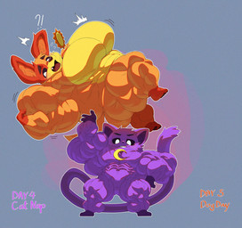 3_toes abs anthro biceps big_ears big_muscles big_pecs black_eyebrows black_nose black_sclera blue_background blush butt cheek_tuft claws confident convenient_censorship count darkened_inner_ear day_count deltoids duo ear_tuft exclamation_point eyebrows facial_markings facial_spots facial_tuft fangs featureless_chest feet fingers fist forearm_muscles front_view fur gloves_(marking) grey_text_outline grin half-closed_eyes hand_on_hip head_markings head_tuft huge_muscles huge_pecs hyper hyper_muscles inner_ear_fluff jewelry latissimus_dorsi leg_markings lifting_another light long_tail looking_at_viewer looking_down looking_down_at_viewer lying male markings moon_necklace motion_lines muscular muscular_arms muscular_legs muscular_male narrowed_eyes necklace no_pupils nude number on_back one_fang one_tooth open_mouth orange_blush orange_body orange_fur orange_inner_ear orange_spots orange_text outline pawpads pecs pink_background pointillism purple_body purple_fur purple_inner_ear purple_text quads question_mark raised_inner_eyebrows red_tongue serratus shadow short short_male side_view simple_background small_feet small_hands small_nose smile smug smug_grin socks_(marking) spots spotted_markings sun_necklace surprised sweatdrop_(iconography) tail tail_tuft teeth text thick_thighs toes tongue tremble_spikes triceps tuft unsigned white_eyes yellow_body crimsonrabbit mob_entertainment poppy_playtime smiling_critters catnap_(poppy_playtime) dogday_(poppy_playtime) canid canine canis domestic_cat domestic_dog felid feline felis mammal 2024 character_name digital_media_(artwork) english_text full-length_portrait hi_res lighting line_art portrait shaded shaded_line_art