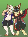 anthro duo fur hanging_out looking_at_viewer neck_tuft smile standing tuft rhari mythology dragon felid feline furred_dragon furred_scalie mammal mythological_creature mythological_scalie pantherine scalie absurd_res hi_res portrait