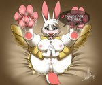 anthro areola big_breasts big_nose blue_eyes blue_sclera blush blush_lines bodily_fluids breasts brown_background buckteeth clothed clothing cum cum_in_ass cum_inside cum_on_feet cum_on_tongue dialogue eyelashes feathered_wings feathers feet female foot_fetish fur genital_fluids genitals head_tuft heart_symbol leaking_cum legs_up looking_at_viewer lying nipples no_underwear on_back open_mouth open_smile pawpads pink_areola pink_nipples pink_nose pussy robe scut_tail short_tail simple_background smile solo speech_bubble tail teeth text thick_thighs tongue tongue_out tuft white_body white_fur wide_hips wings yellow_body yellow_clothing yellow_feathers yellow_robe wolftomwolf angel_hare the_east_patch angel_gabby angel lagomorph leporid mammal rabbit 6:5 english_text