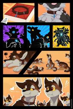 ambiguous_gender anthro collar feral group lying on_back open_mouth sitting smile transformation wallswhisper canid canine mammal comic hi_res