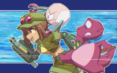 accessory anthro arm_cannon belt bottomwear breasts brown_body brown_hair clothing eyelashes eyewear eyewear_on_head female goggles group gun_arm hair hat headgear headwear machine male necktie open_mouth open_smile ranged_weapon shorts smile trio weapon weapon_arm whiskers powree gameoverse glitch_productions gobbles_(gameoverse) kaboodle_(gameoverse) kit_bodega dinosaur domestic_cat felid feline felis mammal prehistoric_species reptile robot scalie 2026 hi_res