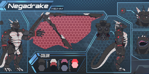 anthro black_body claws color_swatch dorsal_fin dorsal_frill ear_fins fin frill_(anatomy) grey_body horn machine male mechanical_arm mechanical_arms mechanical_body mechanical_claw mechanical_hand mechanical_hands mechanical_horn mechanical_horns mechanical_jaw mechanical_leg mechanical_legs mechanical_limb mechanical_parts mechanical_tail mechanical_wing mechanical_wings multicolored_body multiple_poses pose red_eyes spines wings skygunner_(artist) mythology negadrake dragon hybrid mechanical_dragon mythological_creature mythological_scalie scalie 2025 hi_res model_sheet