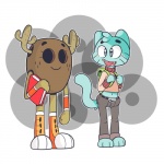 1:1 abstract_background anthro antlers backpack book butt cartoon_network domestic_cat duo felid feline felis female fur gumball_watterson horn male mammal penny_fitzgerald simple_background stickypad the_amazing_world_of_gumball unknown_artist wristband