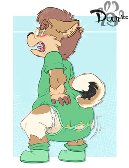 anthro bent_legs big_diaper blush brown_body brown_fur brown_hair bulging_diaper clothing crouching curled_tail diaper diaper_bulge eyewear feces full_diaper fur glasses green_onesie hair hand_on_butt imminent_feces male multicolored_body multicolored_fur onesie open_mouth pooping popping_buttons shocked soiled_diaper soiling soiling_diaper solo surprised tail terror toddler touching_diaper unclean_diaper unexpected used_diaper using_diaper wearing_glasses young artistakita canid canine canis domestic_dog mammal hi_res
