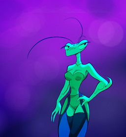 3_fingers 5_eyes antennae_(anatomy) anthro anthrofied bottomwear breasts clothing female fingers green_body legwear multi_eye non-mammal_breasts ocellis raptorial_(anatomy) skirt small_breasts small_waist solo rev_storm humans-b-gone! sophodra arthropod insect mantis hi_res