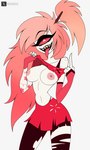 1_eye armwear bottomwear bra_lift breasts clothing eyebrows female flipping_viewer_off freckles gesture hair hand_gesture looking_at_viewer middle_finger nipples red_eyes sharp_teeth skirt solo teeth tongue tongue_out vantevartz hazbin_hotel cherri_bomb_(hazbin_hotel) demon hi_res