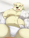 anthro belly blush clothing eyewear glasses kemono male moobs navel nipples overweight overweight_male robe sitting smoking solo undressing nisikemo lifewonders tokyo_afterschool_summoners leib_(tas) bear mammal polar_bear ursine 2021 absurd_res hi_res