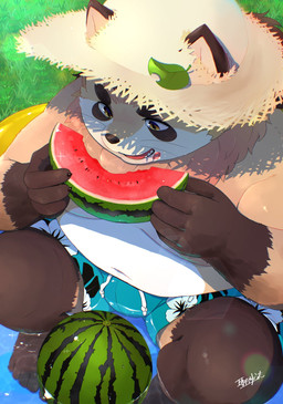 anthro bottomwear brown_body brown_fur bulge clothing detailed_background eating food fruit fur hat headgear headwear kemono leaf male melon overweight overweight_male plant shorts sitting solo straw_hat swimwear watermelon hijirinoyuta canid canine mammal raccoon_dog tanuki 2025 hi_res