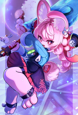3_toes 5_fingers action_pose ahoge anklet anthro barefoot big_sword braided_pigtails claws clothed clothed_anthro clothed_female clothing dress ear_piercing ear_ring feet female fingers flat_chested fully_clothed fully_clothed_anthro fully_clothed_female fur hair holding_melee_weapon holding_object holding_sword holding_weapon inner_ear_fluff jewelry melee_weapon paws piercing pink_body pink_fur pink_hair pose red_eyes ring_piercing scut_tail short_tail sword tail toes tuft weapon theta_k23 mihoyo zenless_zone_zero zhao_(zenless_zone_zero) lagomorph leporid mammal rabbit thiren 2026 full-length_portrait hi_res portrait signature