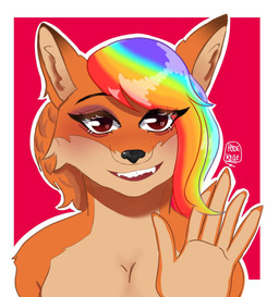 5_fingers anthro big_ears big_eyes blush eye_through_hair female female_anthro fingers fur gesture greeting hair hand_gesture looking_at_viewer multicolored_hair open_mouth orange_body orange_fur rainbow_hair red_eyes ricardo115 simple_background smile solo standing teal_background translucent translucent_hair hydekylle renna_athalwolf canid canine fox mammal red_fox true_fox hi_res