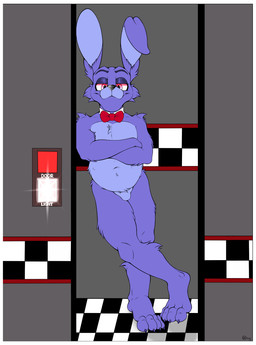 anthro belly bow_tie bow_tie_only claws crossed_arms crossed_legs featureless_crotch fur half-closed_eyes leaning leaning_on_wall looking_at_viewer male mostly_nude mouth_closed narrowed_eyes navel slightly_chubby slightly_chubby_anthro slightly_chubby_male smile smiling_at_viewer smirk smirking_at_viewer smug smug_face solo jimfoxx five_nights_at_freddy's scottgames bonnie_(fnaf) lagomorph leporid mammal rabbit 2026 hi_res signature
