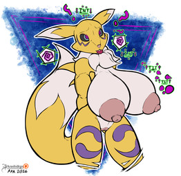 anthro big_breasts bimbofication breast_expansion breasts double_tomoe expansion female fur genitals huge_breasts hypnosis intelligence_loss lips mind_control nipples nude solo submissive submissive_anthro submissive_female tail text thick_lips tomoe_(symbol) transformation white_body yellow_body arashidrgn bandai_namco digimon canid canine digimon_(species) mammal renamon 2026 absurd_res dated hi_res