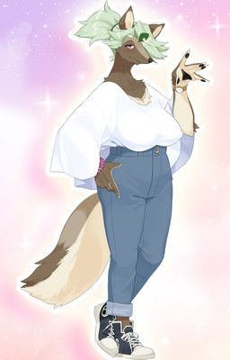 abstract_background anthro big_breasts biped bottomwear breasts brown_body brown_fur clothed clothing countershading female footwear fur green_hair hair looking_at_viewer pants pink_background ponytail purple_eyes shirt shoes simple_background solo topwear white_body white_countershading white_fur kame_3 two_beasts_or_not_to_beast mami_ohagiwara canid canine mammal raccoon_dog tanuki official_art