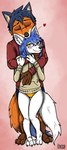 anthro blue_body blue_fur blue_hair blush brown_eyes duo female fur hair heterochromia kissing male orange_body orange_fur scar white_body white_fur yellow_eyes ziegelzeig bad_guy_cafe artemis_(smneff) mia_(smneff) arctic_fox canid canine fox mammal true_fox 2022