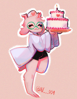 anthro black_bottomwear black_clothing black_shorts bottomwear cake clothing dessert eyelashes eyes_closed eyewear femboy fluffy food glasses hat head_tuft headgear headwear heart_symbol horn male nurse_clothing nurse_hat nurse_headwear nurse_uniform pink_background pink_horn shorts simple_background smile solo tuft uniform v_rawr deltarune undertale_(series) ralsei bovid caprine goat mammal hi_res signature source_request