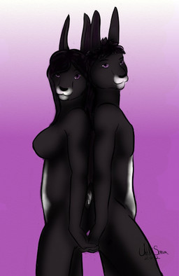 anthro black_body black_fur black_hair duo female fur hair hand_holding male purple_eyes year until_i_scream lagomorph leporid mammal rabbit 2012 signature sibling_(lore) twins_(lore)