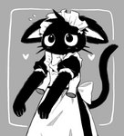 anthro apron big_eyes biped black_body black_clothing black_dress black_ears black_eyes black_fur black_tail bow_(feature) bow_accessory bow_ribbon clothed clothing disembodied_hand dress duo ears_down female female_anthro front_view fully_clothed fur grey_background head_tuft heart_symbol hearts_around_body kemono lifted long_tail looking_at_viewer maid_apron maid_headdress maid_uniform monotone_body monotone_fur monotone_tail mouthless multicolored_ears neck_bow pivoted_ears semi-anthro simple_background solo_focus speech_bubble standing tail tuft two_tone_ears uniform whiskers white_apron white_bow white_clothing white_inner_ear white_ribbon non_nya_nya maid_cat_(non_nya_nya) domestic_cat felid feline felis mammal 2023 digital_media_(artwork) greyscale hi_res monochrome portrait shaded three-quarter_portrait