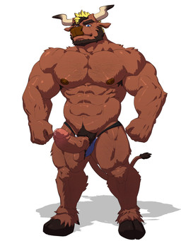 abs anthro arm_tuft balls blue_eyes body_hair brown_balls brown_body brown_fur brown_nipples brown_nose brown_penis chest_hair clothed clothing elbow_tuft erection front_view fur genitals humanoid_genitalia humanoid_penis jockstrap leg_hair looking_at_viewer male mouth_closed muscular muscular_anthro muscular_male nipples pecs penis pubes shoulder_tuft simple_background solo standing tail tail_tuft topless tuft underwear vein veiny_penis white_background dust_yang harry_baker bovid bovine cattle mammal 3:4 full-length_portrait hi_res portrait
