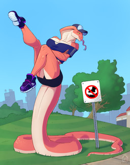 anthro arms_crossed_under_breasts athletic athletic_female baseball_cap big_breasts black_bottomwear black_clothing black_skirt blep blowing_raspberries blue_clothing blue_shirt blue_topwear bottomwear breasts city city_background clothing crop_top crossed_arms detailed_background female footwear forked_tongue grass hat headgear headwear humor lawn legs_up long_tail miniskirt panties panty_shot park pink_body pink_scales plant purple_clothing purple_footwear purple_shoes scales shirt shoes shoulderless_shirt shoulderless_topwear shrub sidewalk sign skirt smile smirk smug smug_face smug_grin snake_hood solo tail taunting tongue tongue_out topwear tree trucker_hat underwear unusual_anatomy unusual_tail upskirt_view yellow_sclera juxtapex cobra reptile scalie snake hi_res