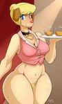 alcohol anthro beverage big_breasts blonde_hair blue_eyes bodily_fluids bone_collar_tag bottomless breasts cleavage clothed clothing cocktail collar collar_tag female hair holding_object motion_lines motion_outline name_tag platter pubes serving serving_alcohol serving_beverage solo sweat sweatdrop thick_thighs waiter wide_hips nightfaux sherlock_hound_(series) mrs._hudson canid canine canis domestic_dog mammal 2021 3:5 hi_res