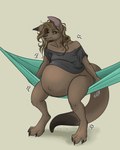 3_toes anthro baby_bump belly big_belly blue_eyes bottomless breasts brown_body brown_fur brown_hair brown_nose clothed clothing dipstick_tail feet female fur hair hammock huge_belly long_tail markings messy_hair monotone_background motion_lines navel outie_navel oversized_clothing oversized_topwear pregnant shadow simple_background sitting small_breasts solo tail tail_markings tired toes topwear karipup mayternity_2024 beck_(dansharkman) kangaroo macropod mammal marsupial 2024 artist_name colored digital_media_(artwork) hi_res shaded