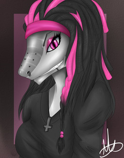 anthro clothed clothing dreadlocks facial_piercing female grey_background grey_body grey_skin hair half-closed_eyes jewelry lip_piercing looking_at_viewer multicolored_hair narrowed_eyes necklace nose_piercing piercing pupils septum_piercing sharp_teeth simple_background slit_pupils smile solo teeth two_tone_hair kammymau aquatic fish shark hi_res