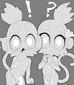 anthro belt big_ears big_eyes big_head bodily_fluids clothing confusion duo erection erection_under_clothing female flower genital_fluids genitals hand_on_mouth leaking_vagina loli male nipples nude penis plant question_mark shota small_chest small_penis surprised tail vaginal_fluids vulva young anonymous_artist bloons_tower_defense ninja_kiwi haplorhine mammal monkey primate absurd_res hi_res sketch