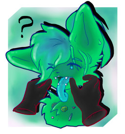 anthro blue_eyes clothing coin confusion disembodied_hand dot_eyes fangs finger_in_mouth fluffy gem glistening glistening_body gloves gloves_in_mouth gradient_background green_body green_hair hair hand_on_face handwear kemono long_tongue male open_mouth question_mark short_hair simple_background simple_eyes slime solo sticky teeth tongue translucent translucent_body translucent_hair kemoniko54 elemental_creature felid feline goo_creature mammal hi_res shaded shaded_line_art