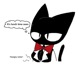 anthro biped black_body black_fur black_tail bow_tie breasts cleavage clothed clothed_anthro clothed_female clothing dialogue female fur hungry pupils simple_background slit_pupils solo standing tail thought_bubble topwear white_background sabgong vingo_(sabgong) domestic_cat felid feline felis mammal
