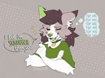 ambiguous_gender anthro brown_body brown_fur brown_hair cheek_tuft claws clothed clothing collar cute_fangs dialogue eyebrow_through_hair eyebrows eyes_closed facial_tuft fangs freckles fur green_claws green_ears green_eyes green_nose green_tongue hair multicolored_body multicolored_fur shirt solo speech_bubble teeth text tongue topwear translucent translucent_hair tuft white_body white_fur trickate trickate_(trickate) canid canine canis domestic_dog herding_dog mammal pastoral_dog welsh_corgi 2025 artist_name bust_portrait english_text hi_res portrait signature