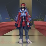 anthro barefoot blue_eyes clothing digitigrade feet female fluffy hat headgear headwear rail red_clothing solo standing farodor honkai:_star_rail honkai_(series) mihoyo pom-pom_(honkai:_star_rail) lagomorph leporid mammal rabbit 1:1 absurd_res digital_media_(artwork) hi_res