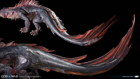 ambiguous_gender black_background blue_body blue_scales claws close-up copyright_symbol dark_body dark_scales feral fin gills light logo quadruped rear_view red_gills red_spines scales scar simple_background solo spines symbol tail tail_fin teeth text visible_teeth yellow_eyes andrew_ariza god_of_war god_of_war_ragnarok mythology sony_corporation sony_interactive_entertainment crocodilian dragon dreki_(gow) monster mythological_creature mythological_scalie reptile scalie 2022 3d_(artwork) absurd_res artist_name colored concept_art copyright_name detailed digital_media_(artwork) hi_res lighting official_art shaded