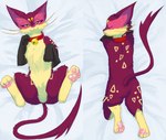 :3 bell bell_collar clothing collar dakimakura detailed_fur eyes_closed female feral fur gloves handwear looking_at_viewer lying markings on_back on_front orange_eyes pawpads pink_pawpads presenting purple_body purple_fur simple_background sleeping smile smiling_at_viewer solo sploot spread_legs spreading yellow_body yellow_fur beary-qt nintendo pokemon red_felyne generation_5_pokemon liepard pokemon_(species) shiny_pokemon absurd_res dakimakura_design detailed hi_res